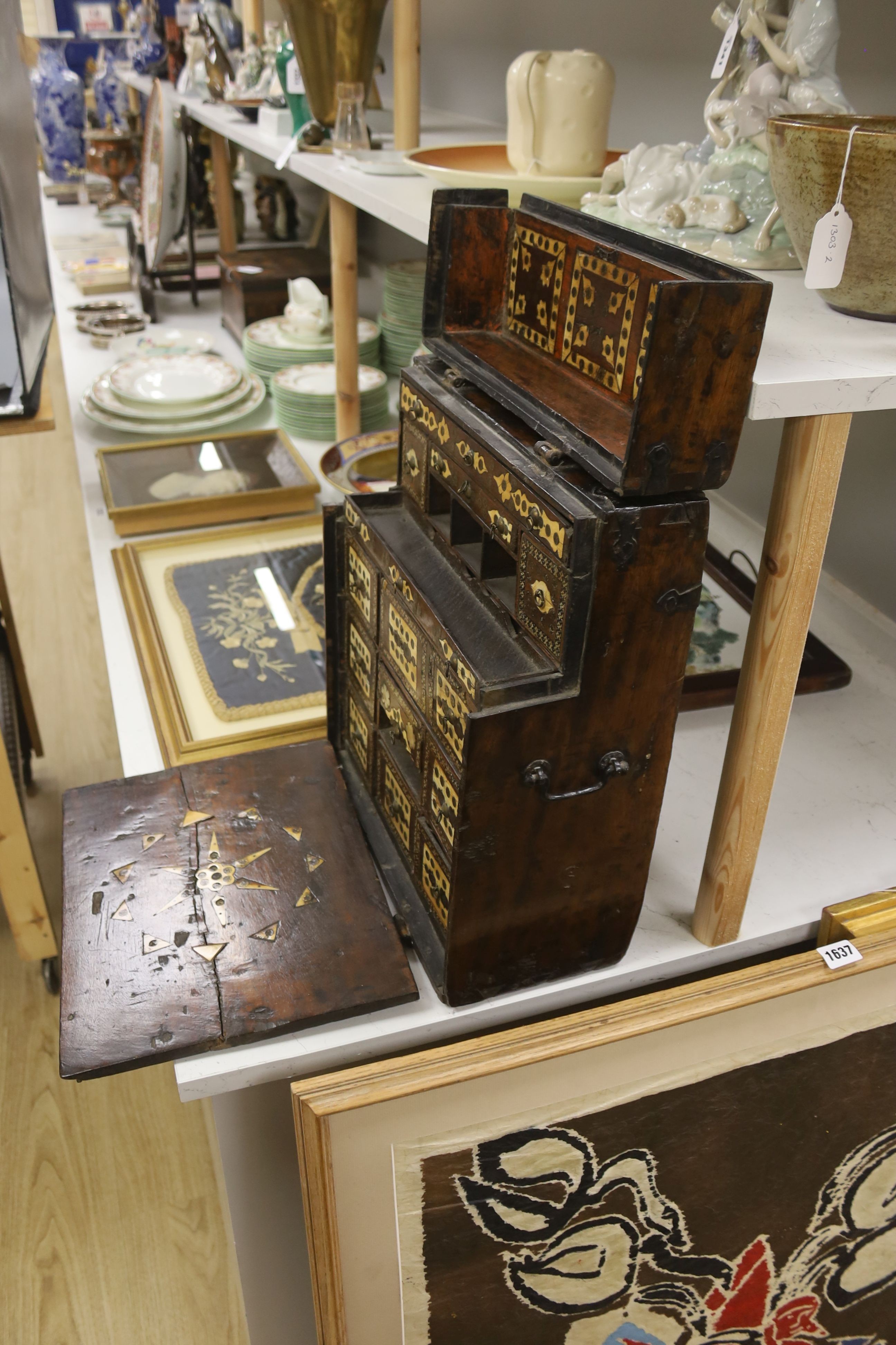 A 17th century Hispano Moresque bone inlaid walnut table cabinet 40cm